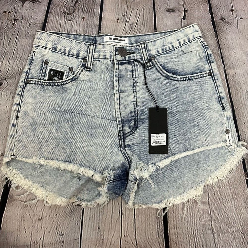 One Teaspoon Outlaws Denim Shorts Mid Length Low Waist Button Fly Rocky Acid 25
